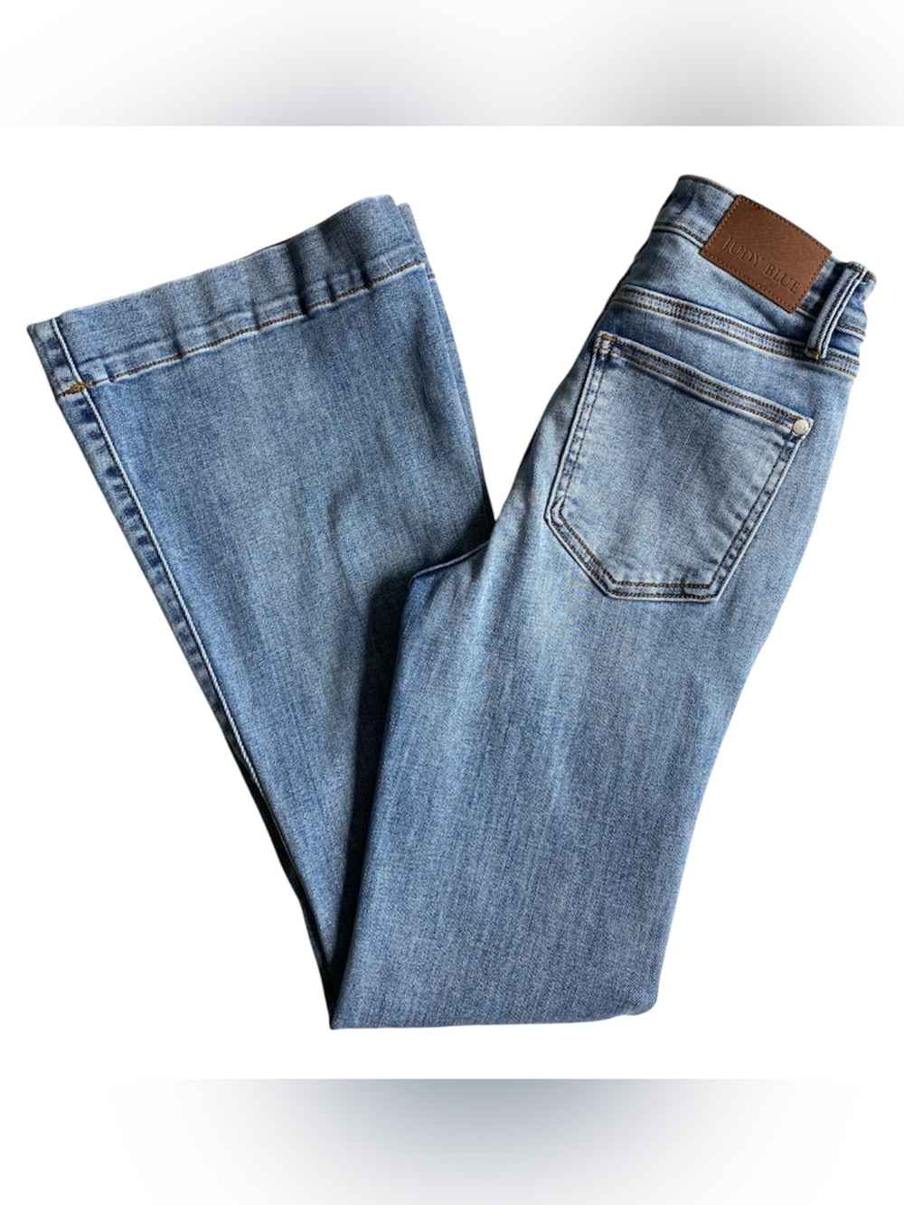 Judy Blue Mid Rise Trouser Flare Jeans Size 0/24 Regular Light Wash Blue Stretch - Picture 11 of 16